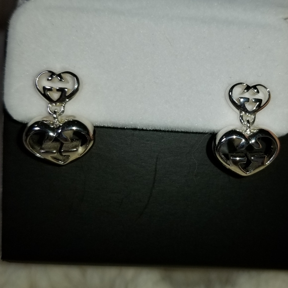 NEW GUCCI 925 Sterling Silver Love Britt Double G Heart Drop Earrings w/Box - Picture 2 of 4